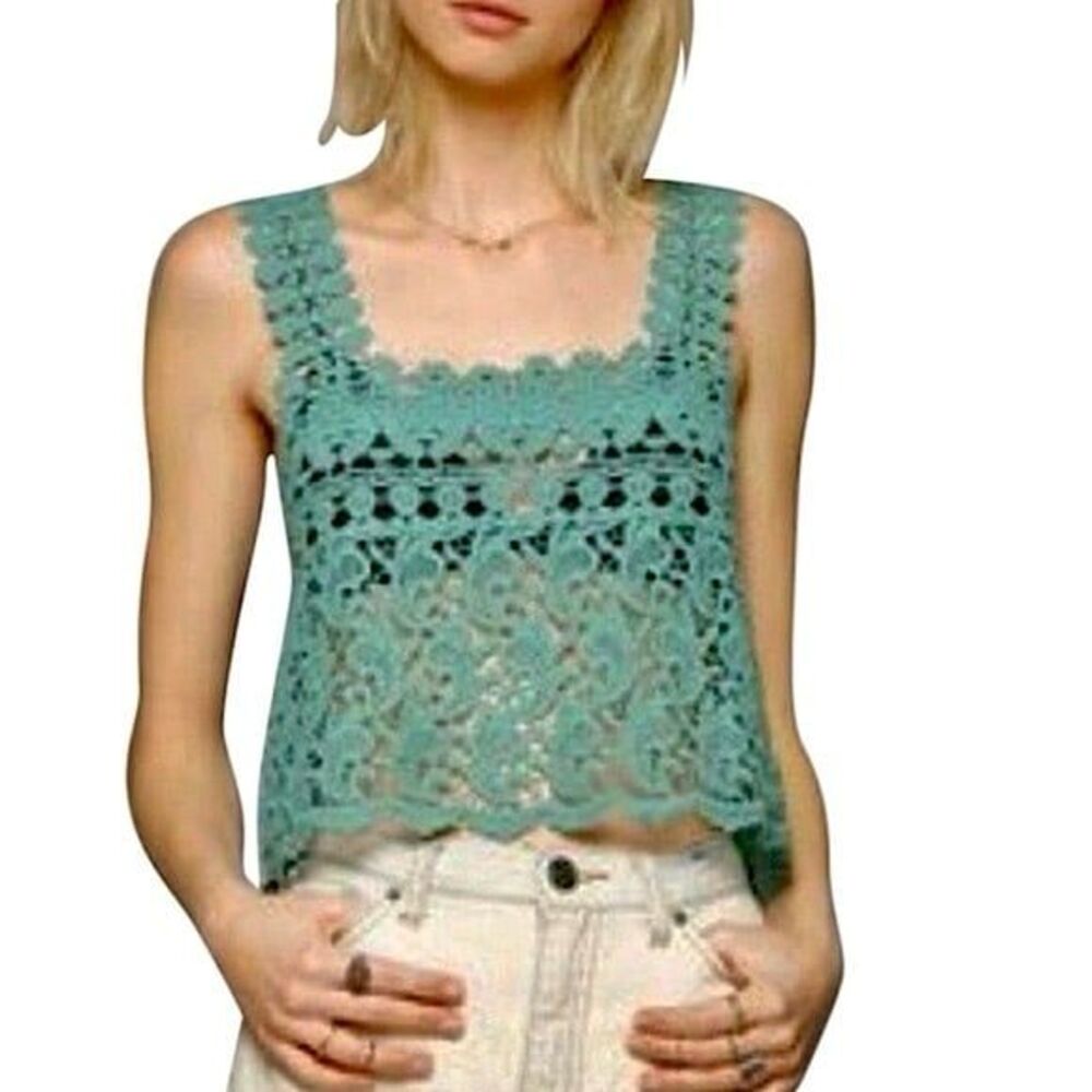 Anthropologie Staring at Stars Mint Crochet Crop Top M Boho Cottagecore Festival